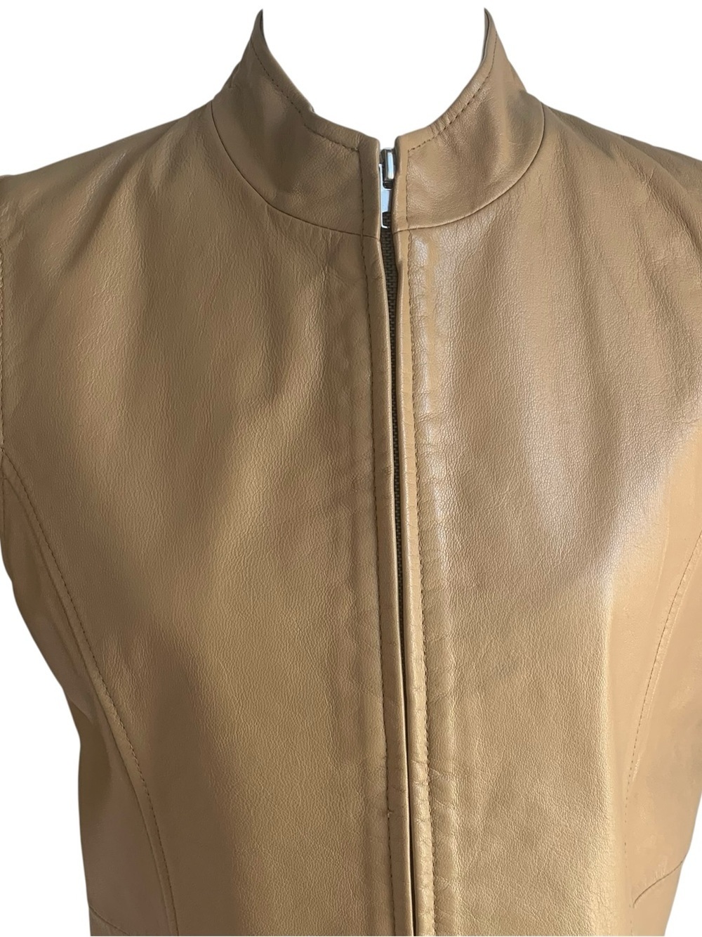 Peter Nygard Vest Genuine Leather Panel Silk Knit Back Vintage Old Money Camel M - Picture 4 of 10
